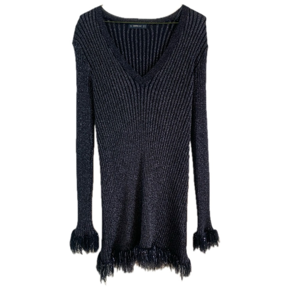 Zara Blue Knit Sparkle Ruffle Long Sleeve Mini Dress Top Size M (Fits XS Dress)